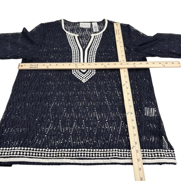 Alfred Dunner Petite Navy Crochet Tunic Top‎ PM 3/4 Sleeves Pullover - Picture 3 of 4